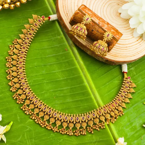 Patra_Ghungroo_Temple_Jewellery_Short_Necklace_Set_With_Bead_Drops_K_1713_Red