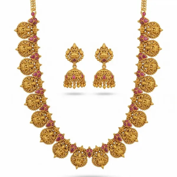 Patra_Ghungroo_Temple_Jewellery_Short_Necklace_Set_With_Bead_Drops_K_1845_Red