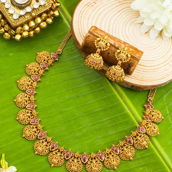 Patra_Ghungroo_Temple_Jewellery_Short_Necklace_Set_With_Bead_Drops_K_1845_Red
