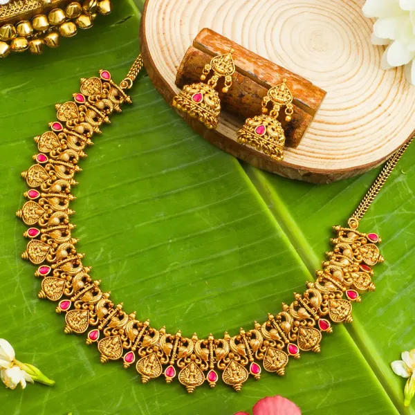 Pushpa_Kali_Temple_Jewellery_Short_Necklace_Set_With_Floral_Design_J_940_Red