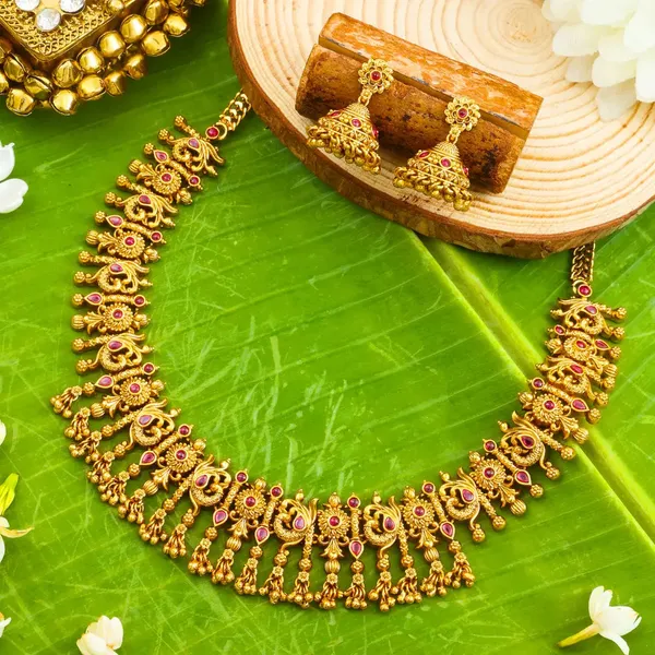 Kokila_Pushpa_Temple_Jewellery_Short_Necklace_Set_With_Floral_Motifs_K_1854_Red