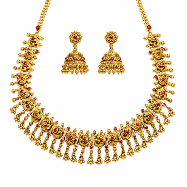Kokila_Pushpa_Temple_Jewellery_Short_Necklace_Set_With_Floral_Motifs_K_1854_Red