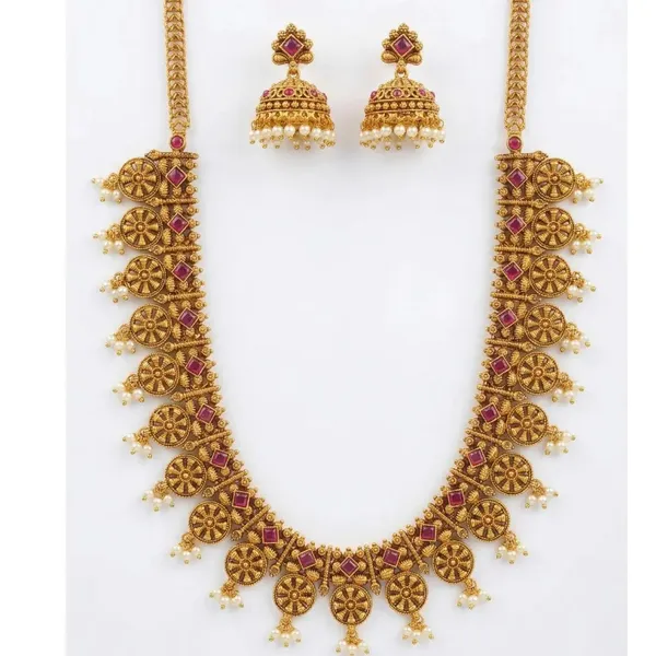 Chakra_Mukta_Temple_Jewellery_Short_Necklace_Set_With_Pearl_Detailing_K_1847_Red