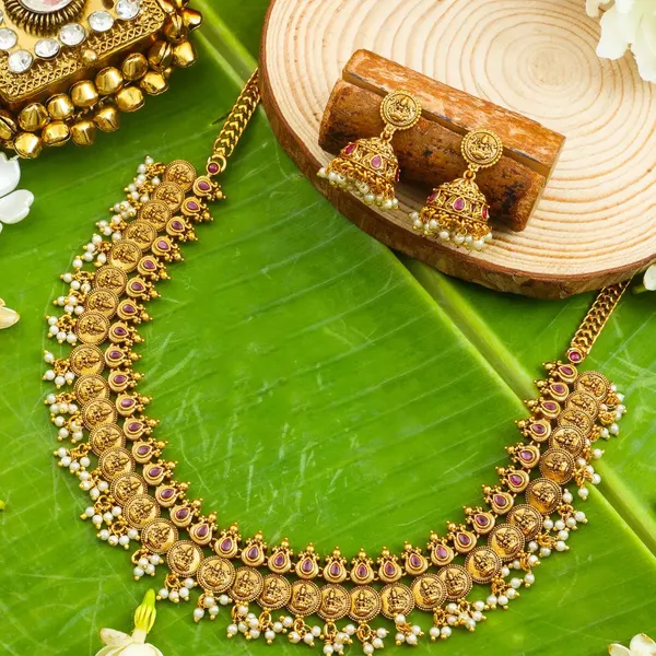Kamala_Mukta_Temple_Jewellery_Short_Necklace_Set_With_Pearl_Motifs_K_1844_Red
