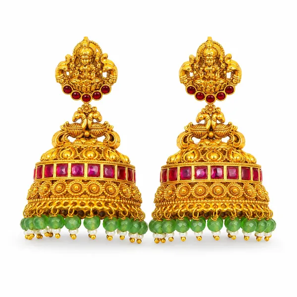 Laxmi_Temple_Jhumka_Earrings_With_Ruby_Emerald_Beads_R_2574_Red