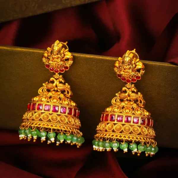 Laxmi_Temple_Jhumka_Earrings_With_Ruby_Emerald_Beads_R_2574_Red
