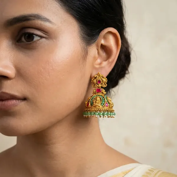Hamsa_Pushpa_Jhumka_Gold_Plated_Swan_Floral_Temple_Earrings_J_1202_Red