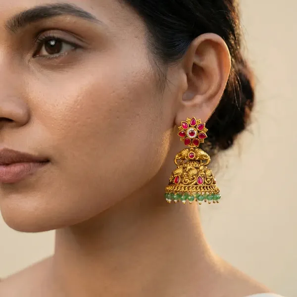 Surya_Gaja_Jhumka_Gold_Plated_Sun_Elephant_Temple_Earrings_J_613_Red