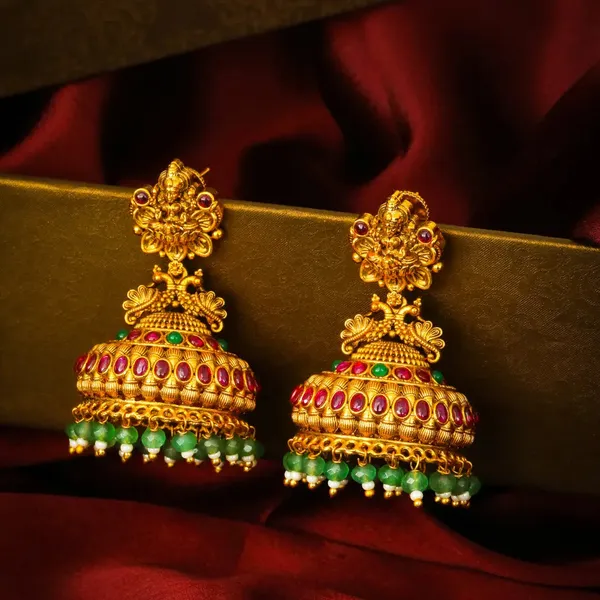 Haritha_Pushpa_Jhumka_Gold_Plated_Green_Floral_Temple_Earrings_R_2635_Green