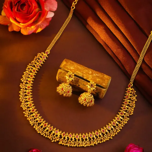 Gajra_Haaram_Short_Necklace_Set_Gold_Plated_Temple_Jewellery_K_1866_Red