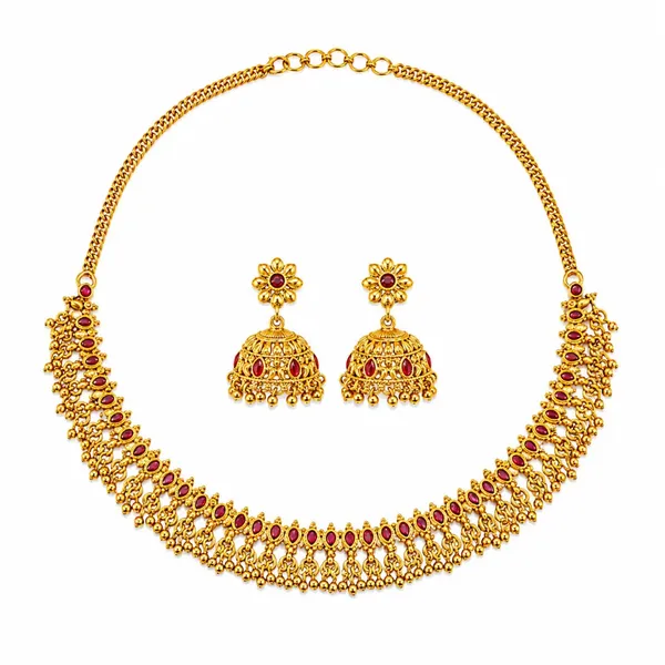 Gajra_Haaram_Short_Necklace_Set_Gold_Plated_Temple_Jewellery_K_1866_Red
