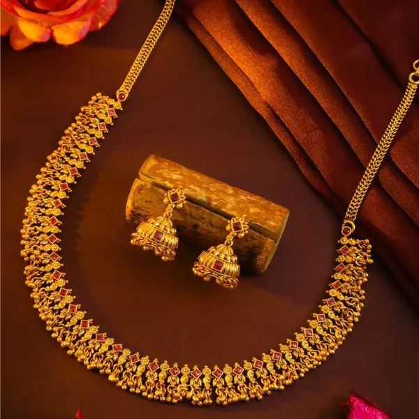 Tirumala_Pushpa_Kanti_Short_Necklace_Set_Gold_Plated_Temple_Jewellery_K_1859_Red
