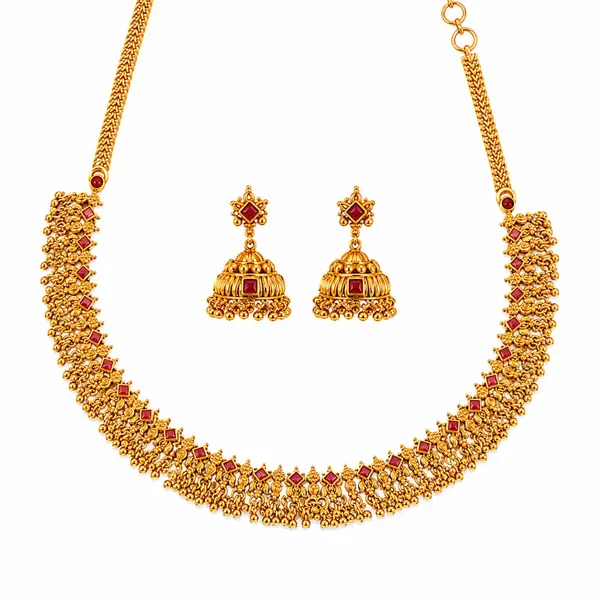 Tirumala_Pushpa_Kanti_Short_Necklace_Set_Gold_Plated_Temple_Jewellery_K_1859_Red