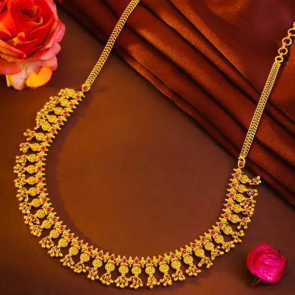 Gajalakshmi_Rekha_Haar_Short_Necklace_Set_Gold_Plated_Temple_Jewellery_K_1863_Red