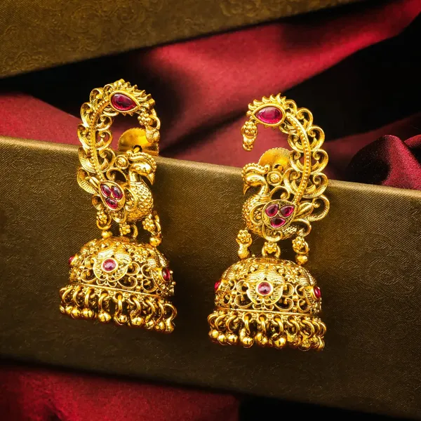 Mayura_Jhumki_Gold_Plated_Peacock_Temple_Stud_Earrings_R_2995_Red