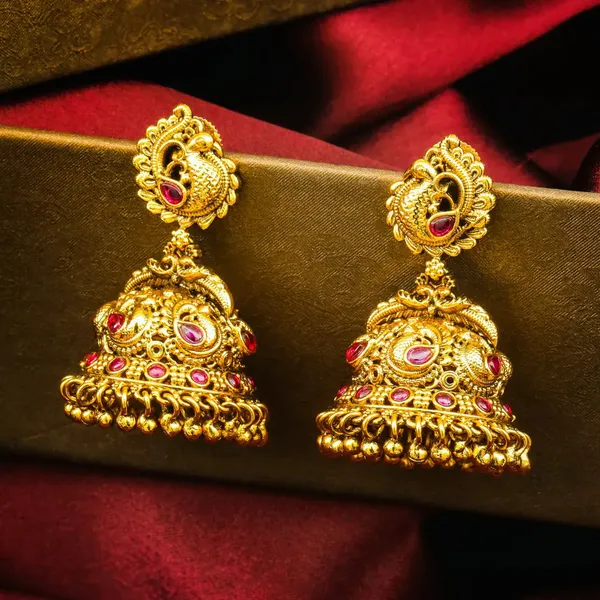 Hema_Pallavi_Jhumka_Gold_Plated_Golden_Blossom_Temple_Earrings_R_2991_Red