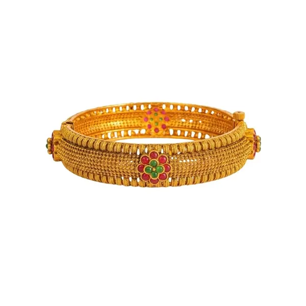1_Gram_Gold_Bangles_Antique_Ribbed_Bangles_With_Floral_Medallion_V_2477_Red