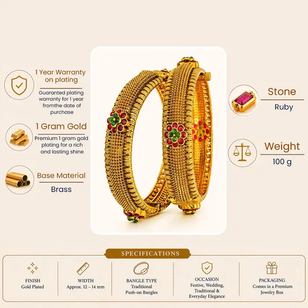 1_Gram_Gold_Bangles_Antique_Ribbed_Bangles_With_Floral_Medallion_V_2477_Red