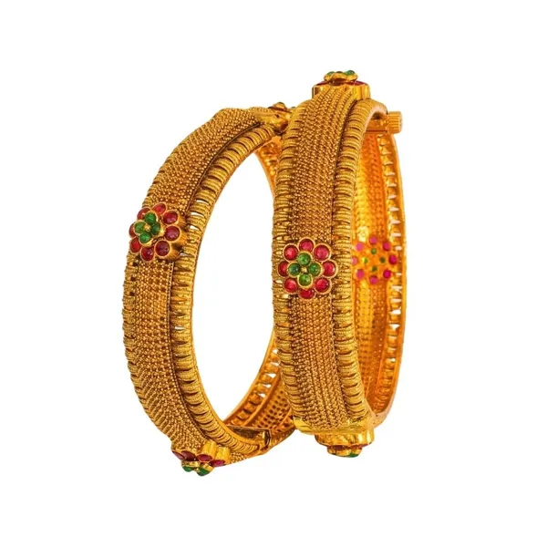 1_Gram_Gold_Bangles_Antique_Ribbed_Bangles_With_Floral_Medallion_V_2477_Red