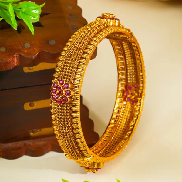 1_Gram_Gold_Bangles_Antique_Ribbed_Bangles_With_Floral_Medallion_V_2477_Red