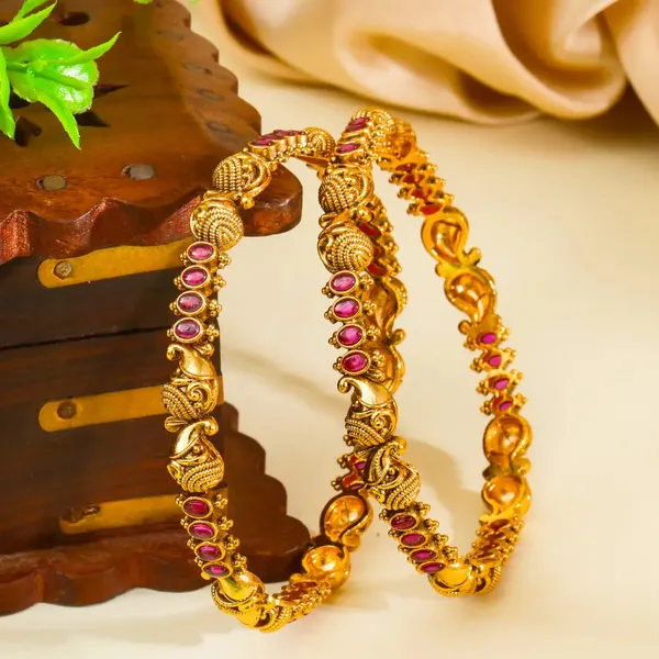 Saroja_Valaya_Paired_Bangle_Gold_Plated_Lotus_Temple_Bangle_Set_V_2246_Red_Pack_Of_2
