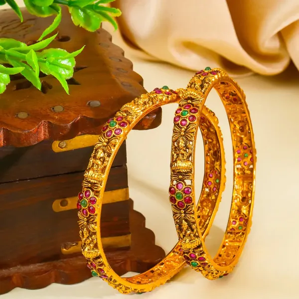 Swarna_Pallavi_Paired_Bangle_Gold_Plated_Golden_Blossom_Bangle_Set_V_2483_Green_Pack_Of_2