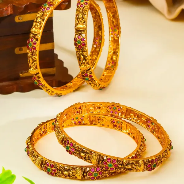 Swarna_Pallavi_Paired_Bangle_Gold_Plated_Golden_Blossom_Bangle_Set_V_2483_Green_Pack_Of_4