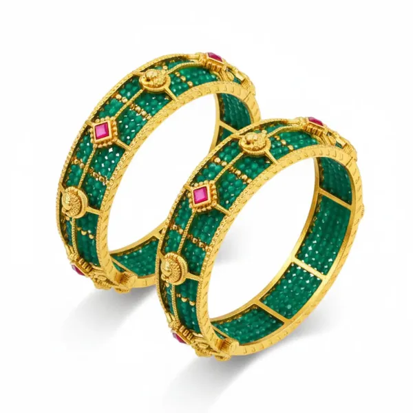 Swarna_Pushpa_Kaappu_Paired_Bangle_Gold_Plated_Golden_Flower_Temple_Bangle_J_1118_Red