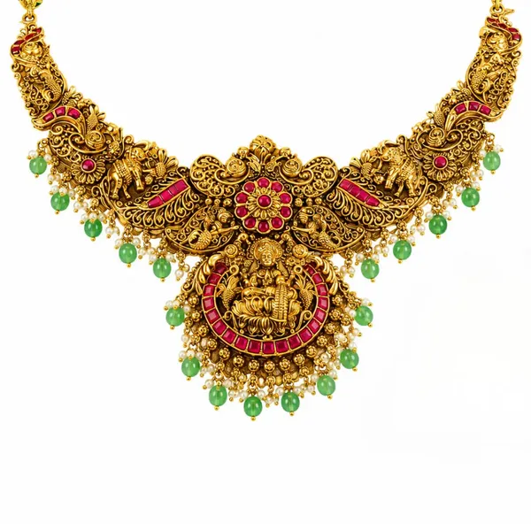 Navaratna_Pushpa_Haar_Short_Necklace_Set_Gold_Plated_Temple_Jewellery_J_866_Red