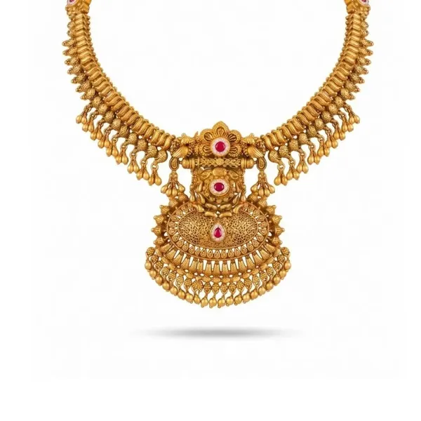 Padmavathi_Rekha_Haar_Short_Necklace_Set_Gold_Plated_Temple_Jewellery_J_850_Red