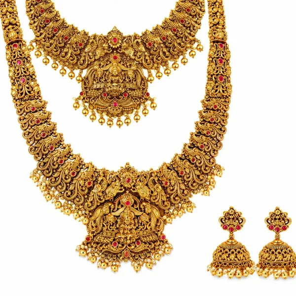 Swarna_Antique_Manga_Haar_Combo_Necklace_Set_Gold_Plated_Temple_J_1049n_Red