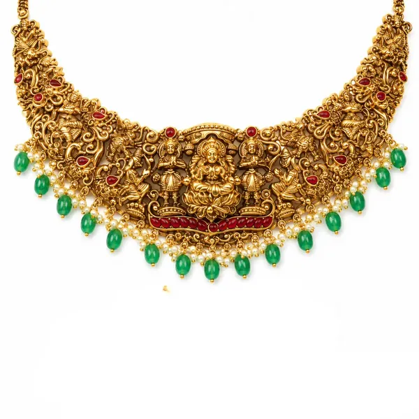 Manga_Swarna_Navaratna_Kanti_Short_Necklace_Set_Gold_Plated_Temple_J_1015_Red