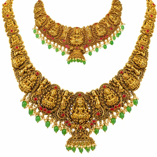 Swarna_Navaratna_Antique_Mala_Combo_Necklace_Set_Gold_Plated_Temple_J_1013n_Red