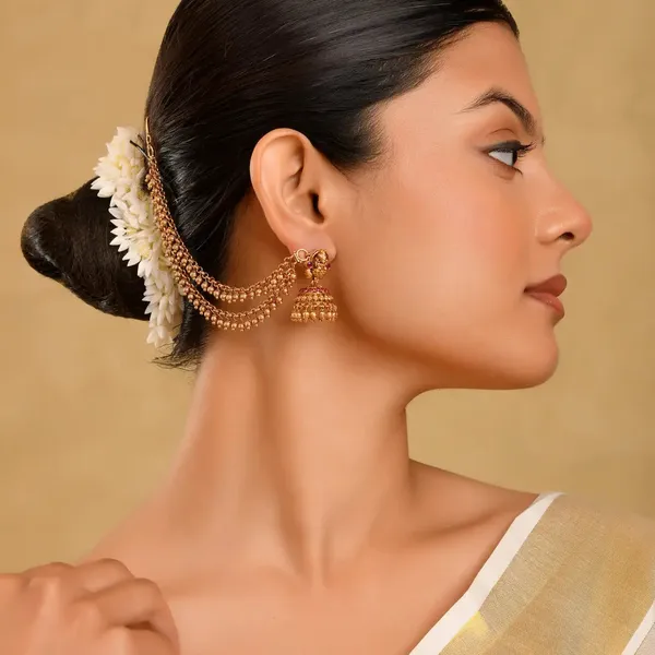 1_Gram_Gold_Jhumka_With_Matil_Ear_Chain_Bridal_Hair_Jewellery_Gold