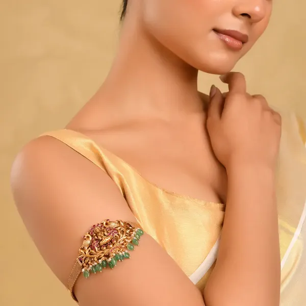 1_Gram_Gold_Bajuband_Floral_Peacock_Baju_Band_With_Green_Beads_Red