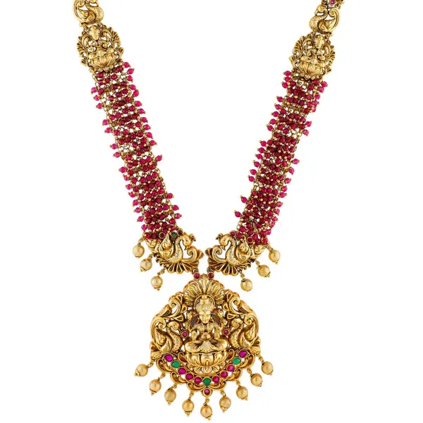 Lakshmi_Peacock_Long_Necklace_Set_K_1601_Gold_Red