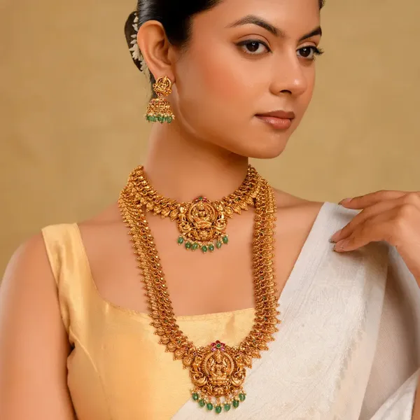 1_Gram_Gold_Combo_Necklace_Set_Lakshmi_Bridal_Jewellery_Set_K_138n_Green