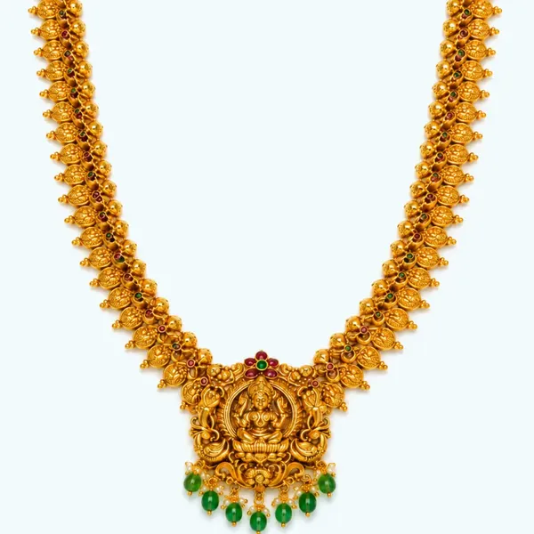 1_Gram_Gold_Long_Haram_Necklace_Mango_Motif_With_Lakshmi_Pendant_K_2033_Green
