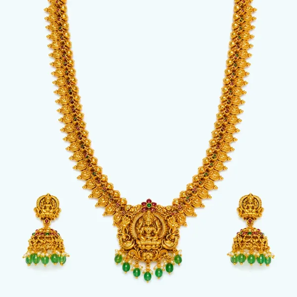 1_Gram_Gold_Long_Haram_Necklace_Mango_Motif_With_Lakshmi_Pendant_K_2033_Green