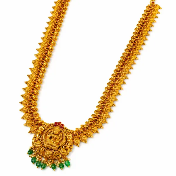 1_Gram_Gold_Long_Haram_Necklace_Mango_Motif_With_Lakshmi_Pendant_K_2033_Green