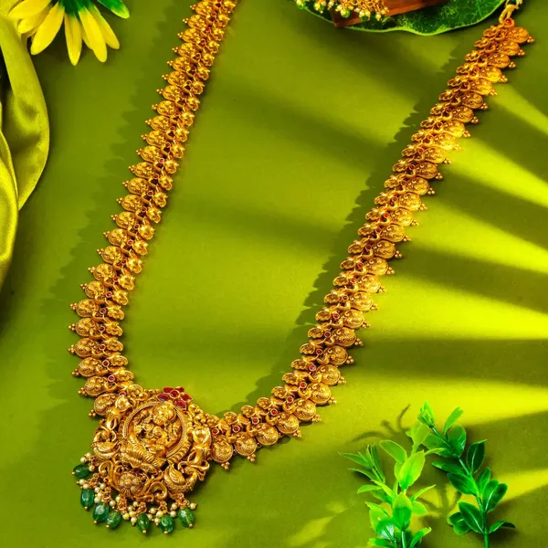 1_Gram_Gold_Long_Haram_Necklace_Mango_Motif_With_Lakshmi_Pendant_K_2033_Green