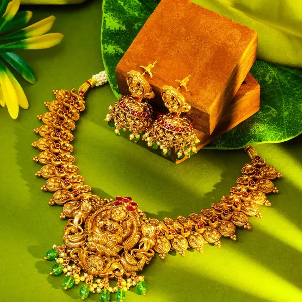 1_Gram_Gold_Temple_Necklace_Set_Lakshmi_Elephant_Short_Necklace_V_138_Red