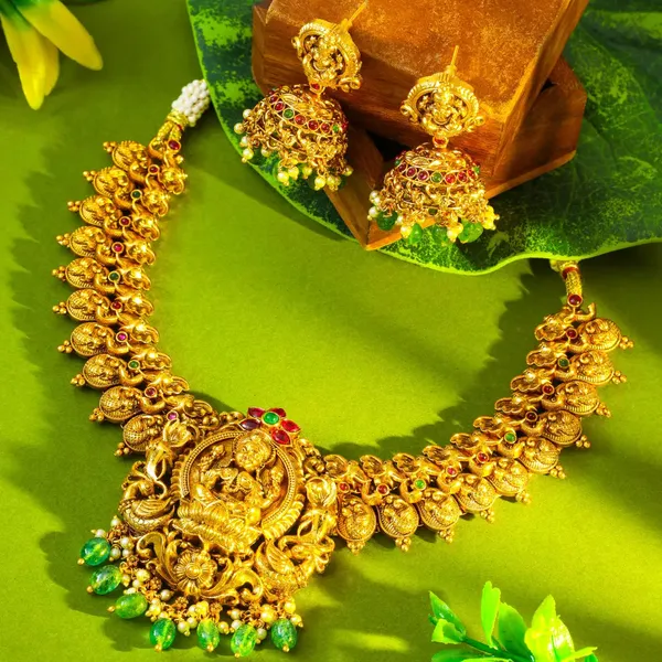 1_Gram_Gold_Temple_Necklace_Set_Lakshmi_Elephant_Short_Necklace_V_138_Green