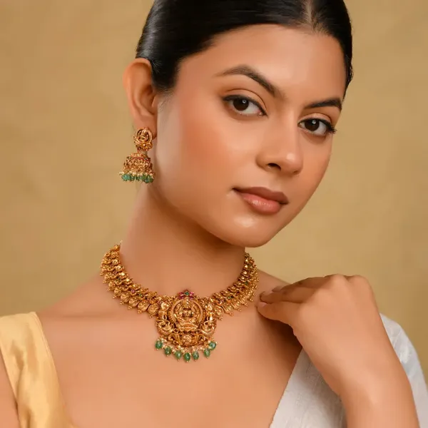 1_Gram_Gold_Temple_Necklace_Set_Lakshmi_Elephant_Short_Necklace_V_138_Green