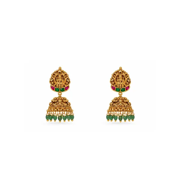 1_Gram_Gold_Pendant_Set_Long_Chain_With_Fanned_Lakshmi_Pendant_J_976_Green
