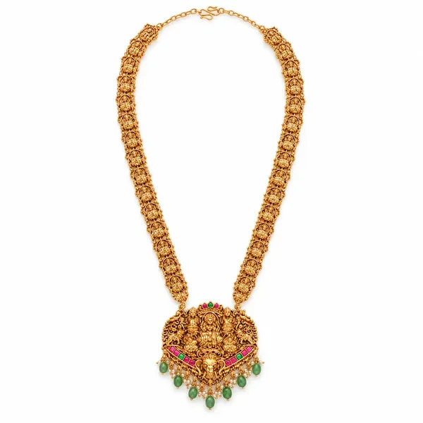 1_Gram_Gold_Pendant_Set_Long_Chain_With_Fanned_Lakshmi_Pendant_J_976_Green