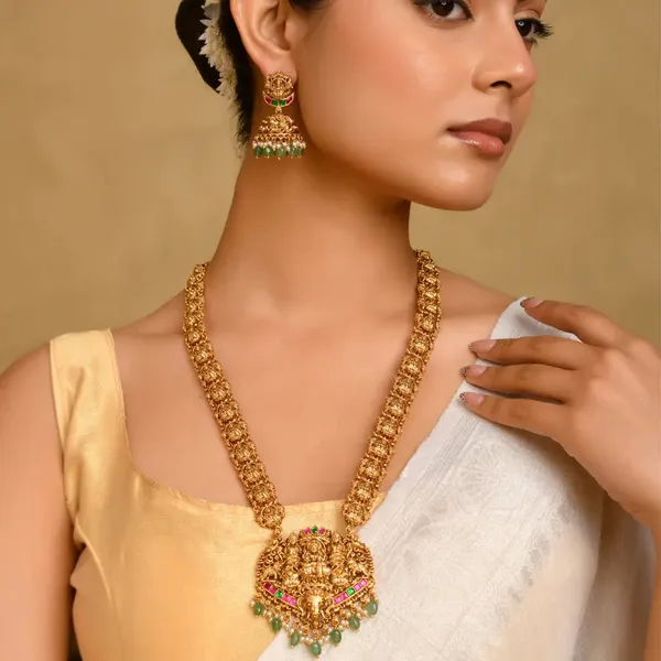 1_Gram_Gold_Pendant_Set_Long_Chain_With_Fanned_Lakshmi_Pendant_J_976_Green