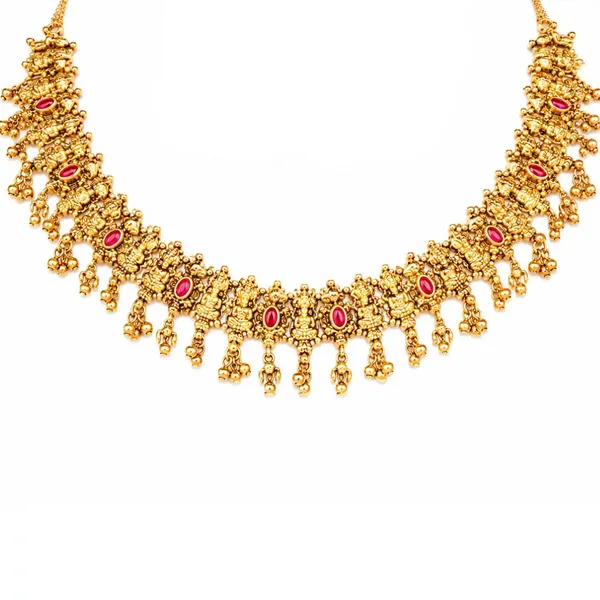 1_Gram_Gold_Temple_Necklace_Set_Antique_Floral_Link_Necklace_J_948_Red