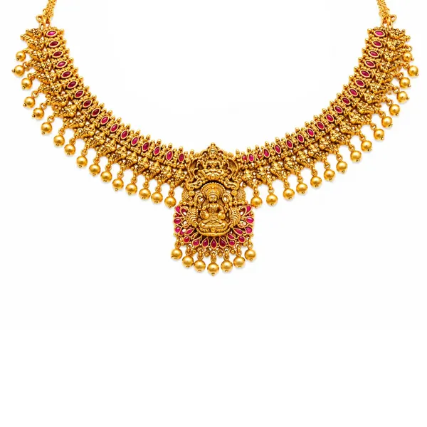 1_Gram_Gold_Short_Necklace_Set_Beaded_Temple_Necklace_With_Pearl_K_1731_Red