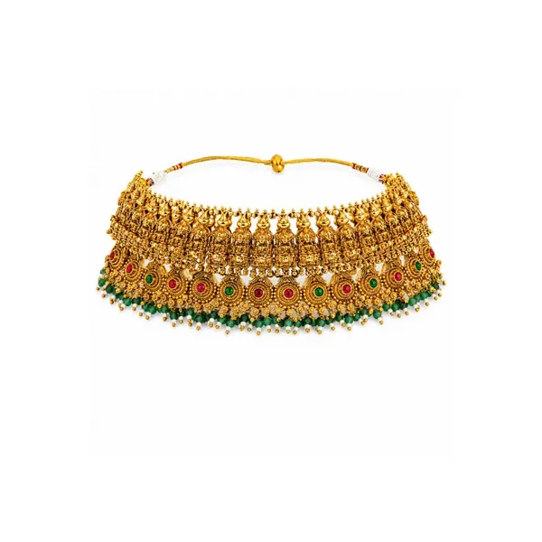 1_Gram_Gold_Choker_Set_Beaded_Temple_Choker_With_Green_Drops_J_1524_Red